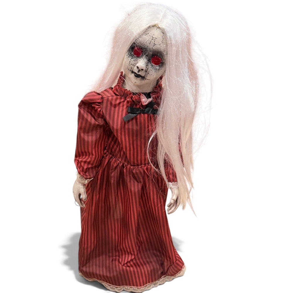 Spirit Halloween Roaming Antique Doll Animatronic Sound Activated Prop Red Dress